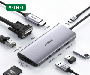 Bộ chuyển đổi Type C sang 3 USB 3.0 + HDMI + VGA + LAN + SD/TF + hỗ trợ nguồn Type C Ugreen 40873 (Liên hệ nhân viên kinh doanh để được giá tốt hơn)